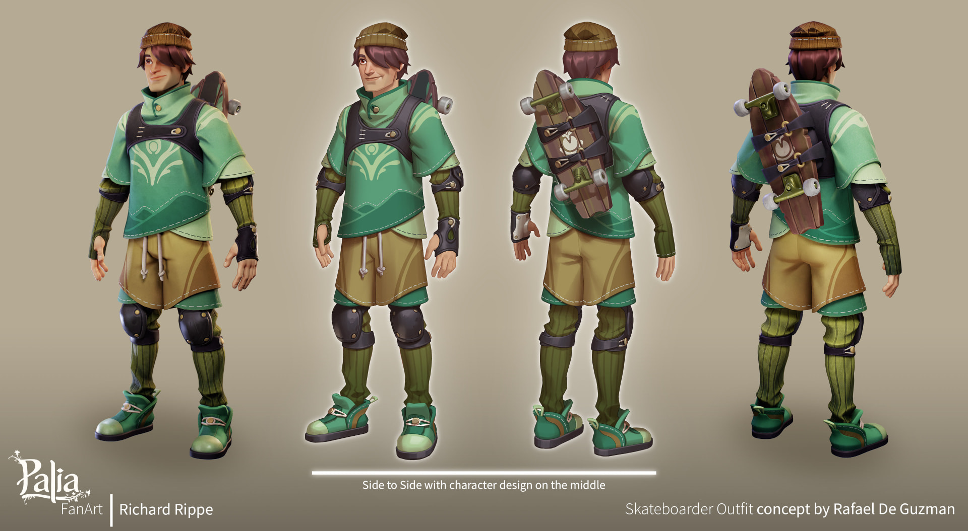 Personnage stylisé game-ready vue de face et de dos, réalisé par Richard Rippe