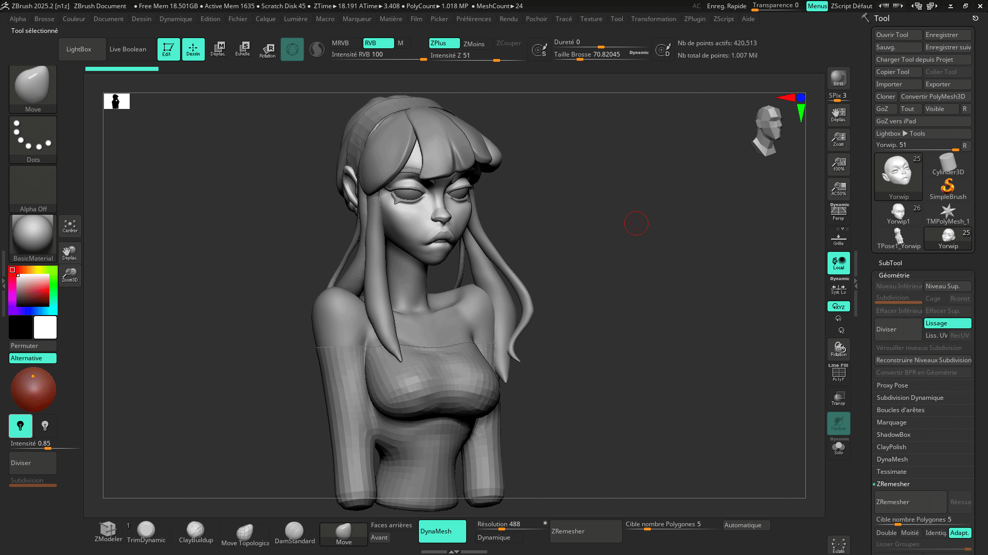 Avant / après d'une correction de buste stylisé en sculpt ZBrush