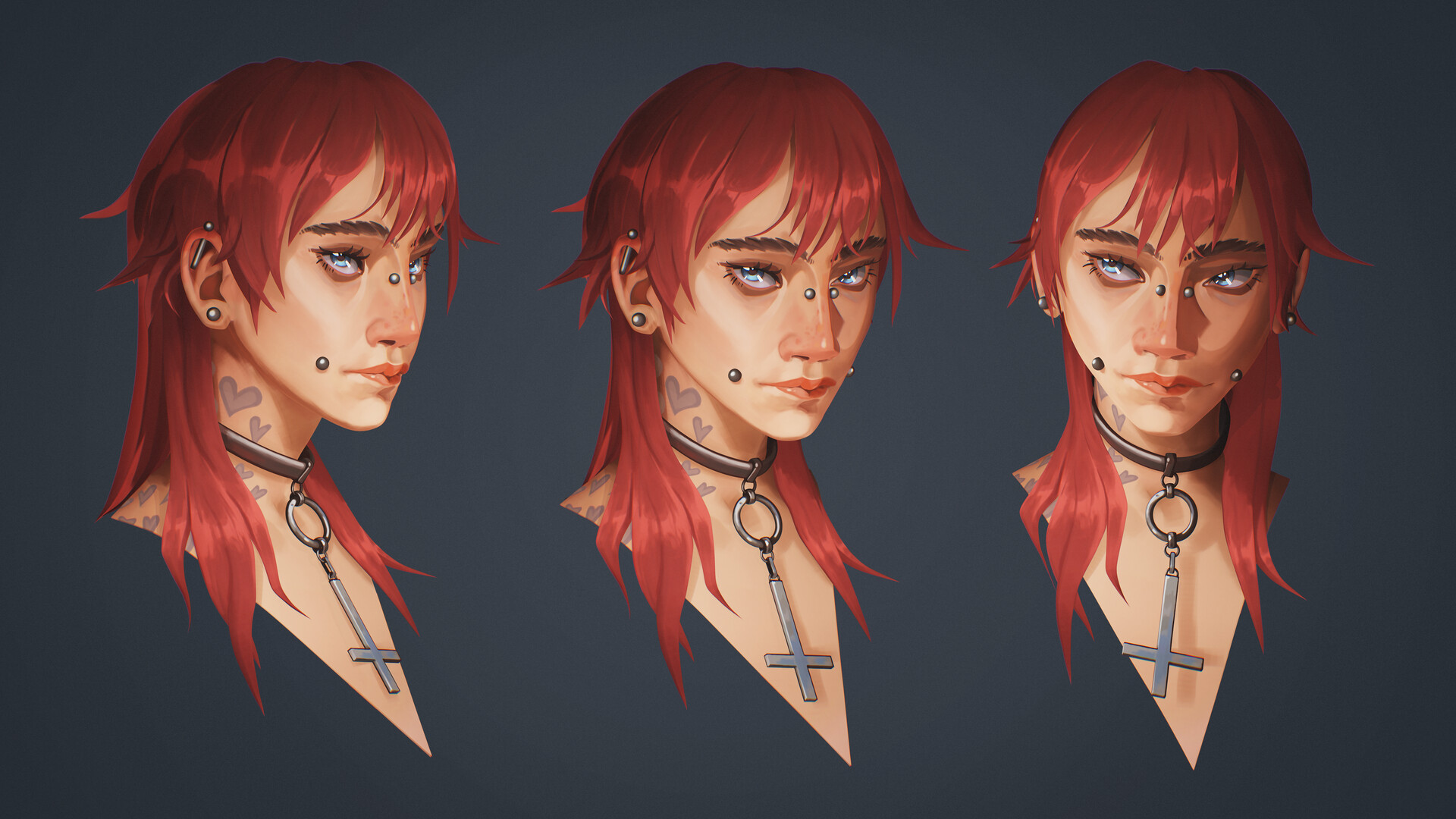 Trois vues d'un personnage stylisé aux cheveux rouges avec piercing et collier, réalisé par Ulysse Soubiran